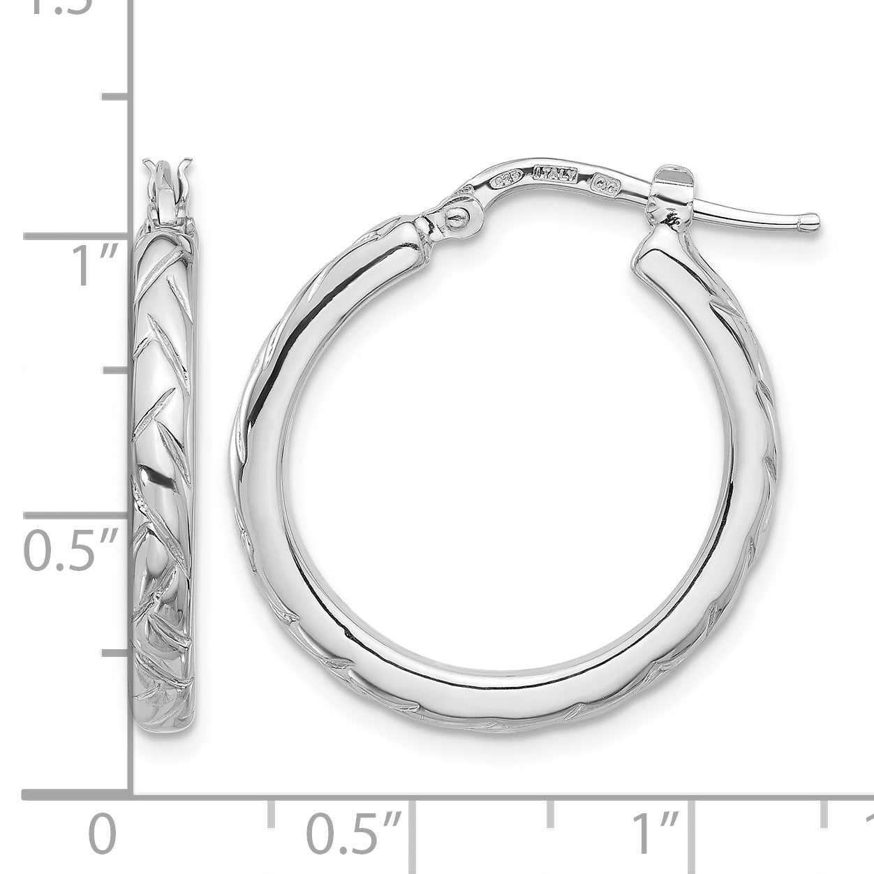 Sterling Silver Rhodium-plated Polished and Textured Hoop Earrings