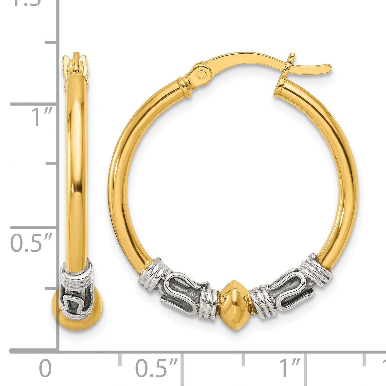 Sterling Silver Gold-tone Polished Antiqued Beaded Hoop Earrings