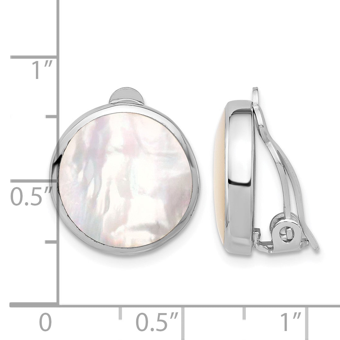 Sterling Silver RH-plated Mother of Pearl Round Non-Pierced Earrings