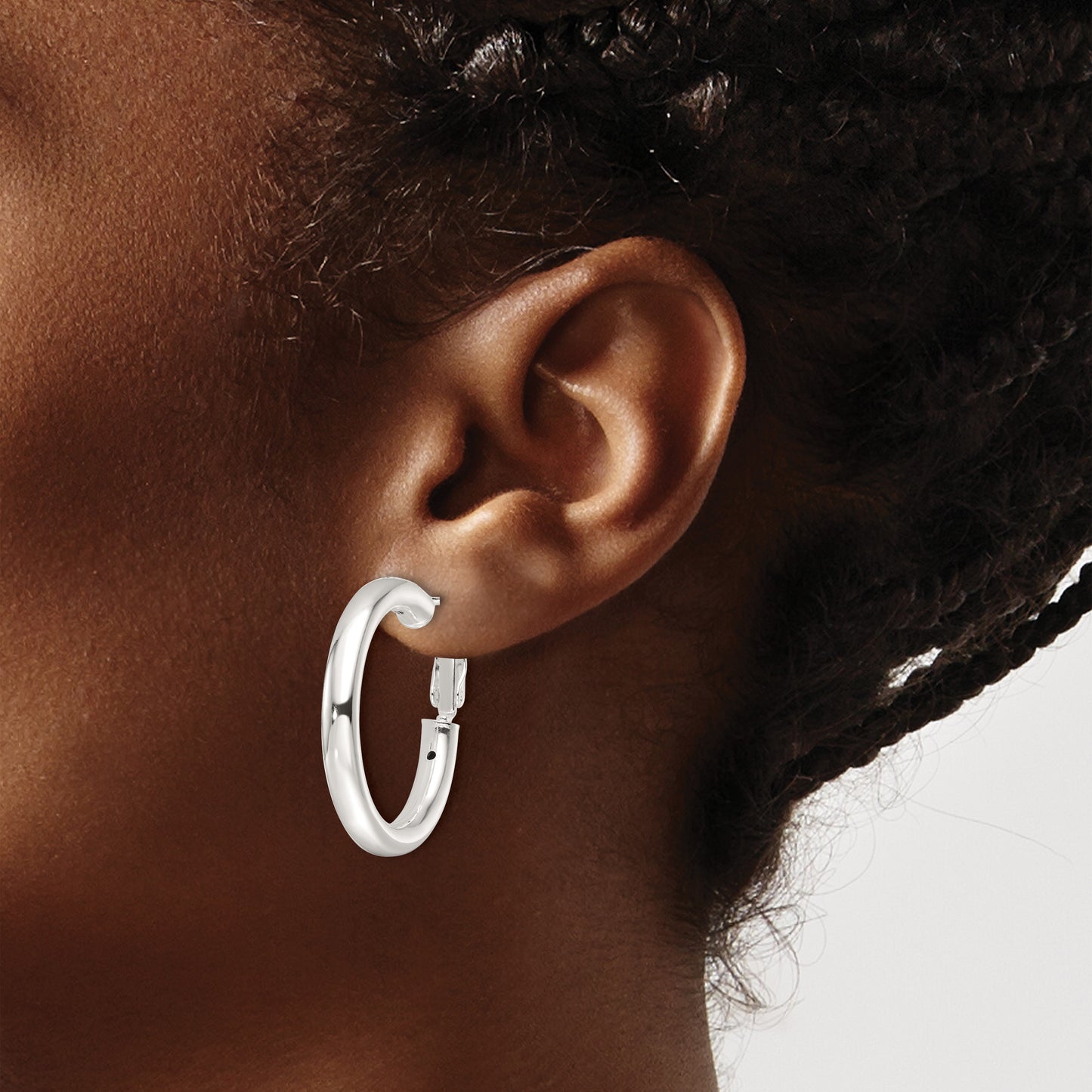 Sterling Silver Polished 30x4mm Omega Back Round Hoop Earrings