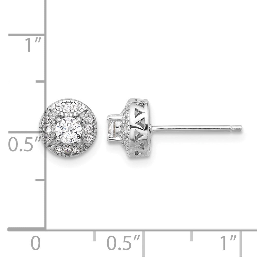 Sterling Silver Rhod-plated Textured Round CZ Cluster Post Earrings