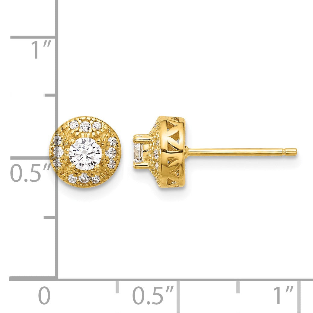 Sterling Silver Gold-tone Textured Round CZ Cluster Post Earrings