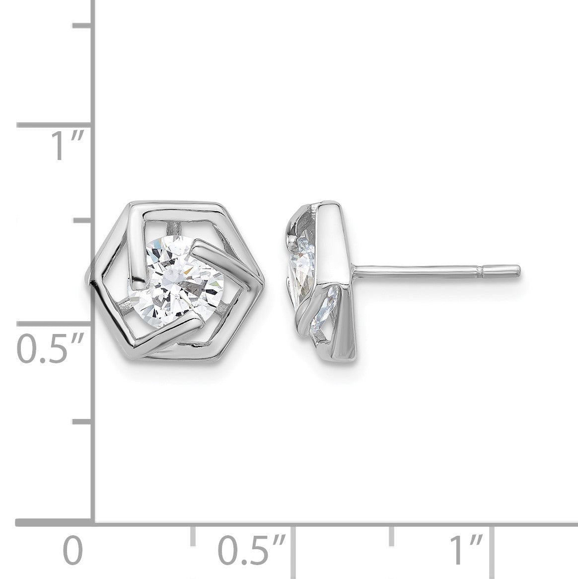 Sterling Silver Rhodium-plated Polished CZ Hexagon Post Earrings