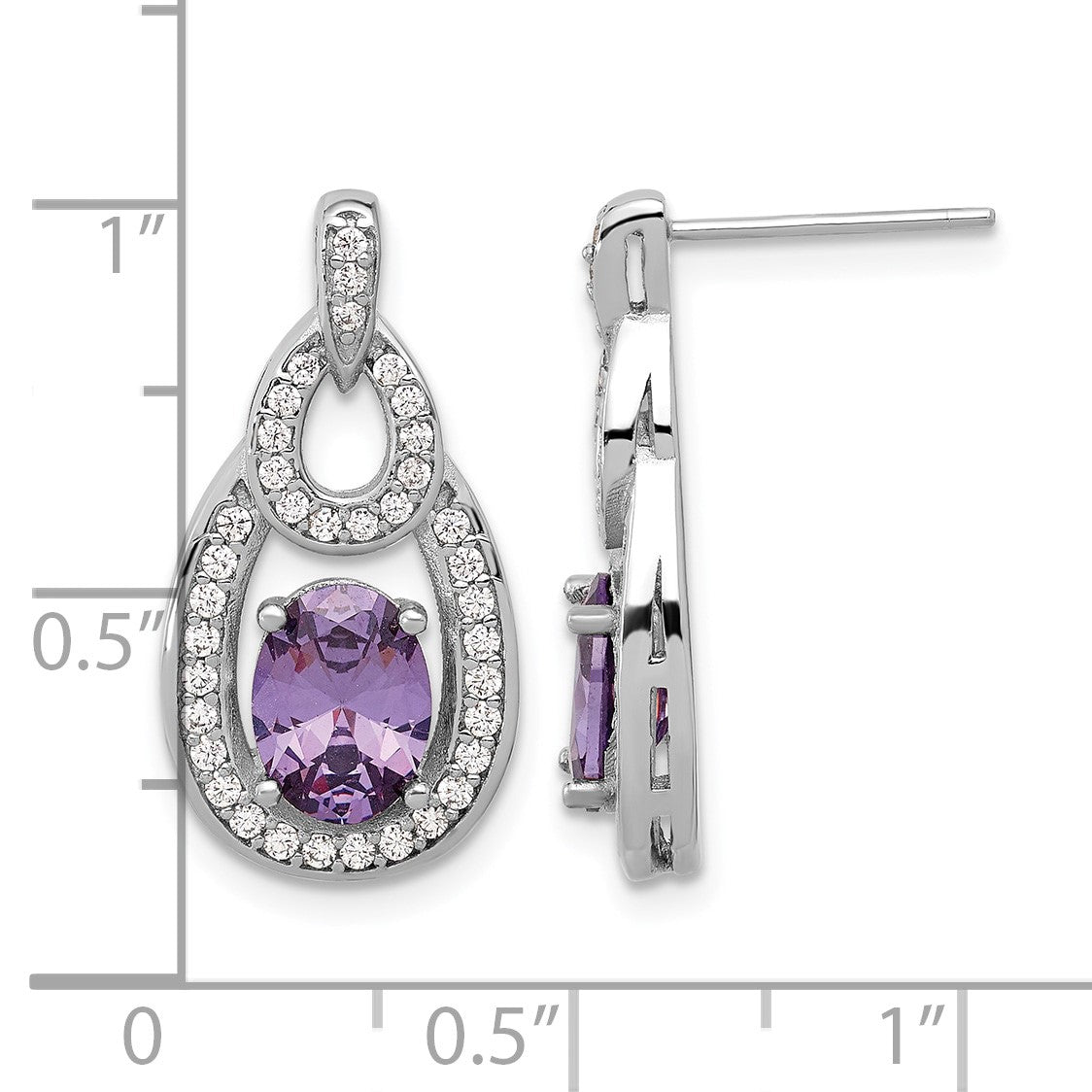 Sterling Silver Rhodium-plated CZ and Purple Zircon Post Dangle