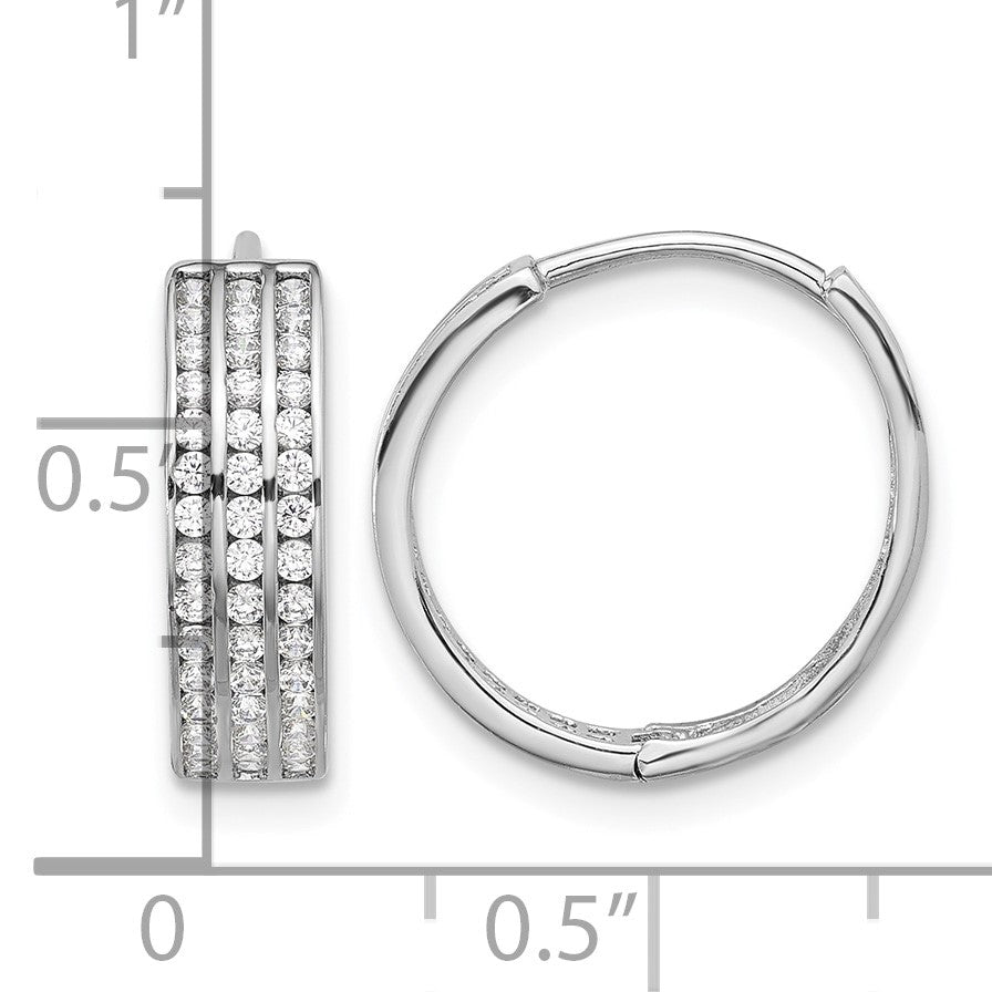 Sterling Silver Rhodium-plated 3 Row CZ Hinged Hoop Earrings