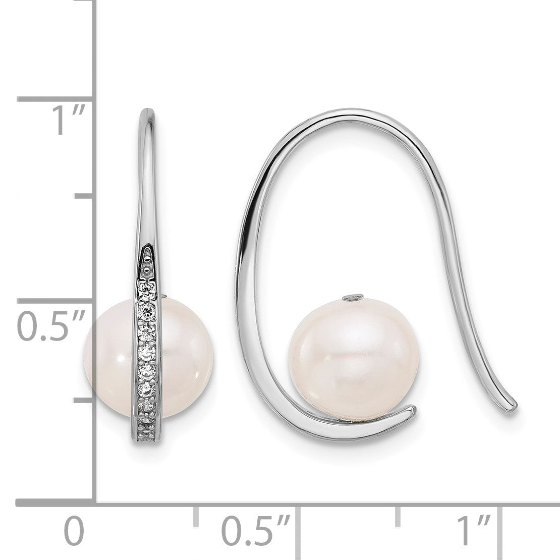 Sterling Silver Rhodium-plated 8-8.5mm White Semi-Round Freshwater Cultured Pearl and CZ Shepherd Hook Earrings