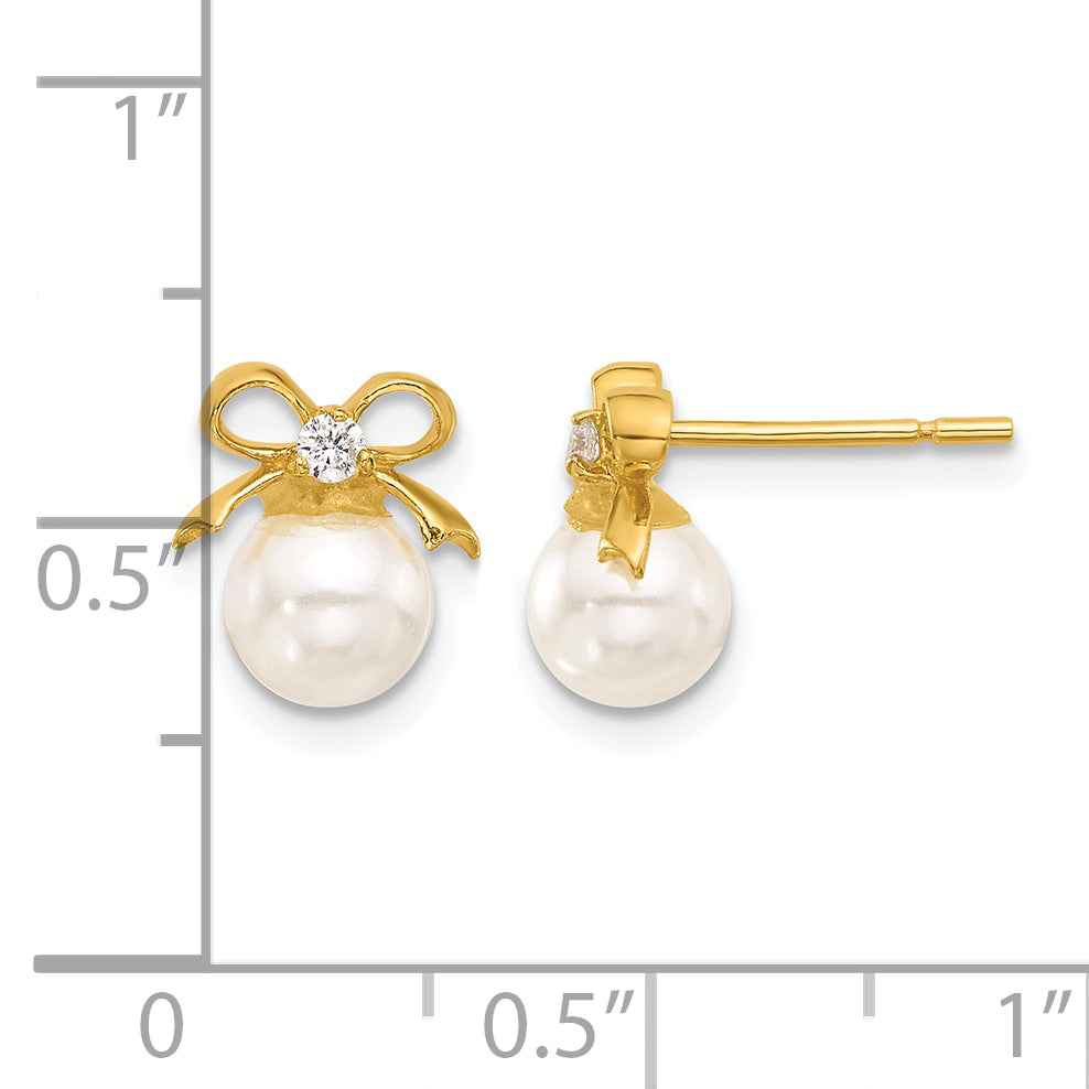 Sterling Silver Gold-tone Polished CZ and Synthetic Pearl Bow Post Earrings