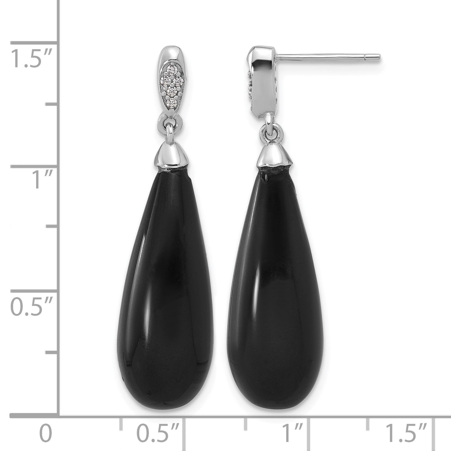 Sterling Silver RH-plated Polished CZ & Onyx Teardrop Post Dangle Earrings