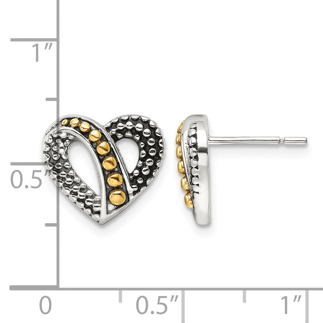 Sterling Silver Gold-tone Antiqued & Beaded Heart Earrings