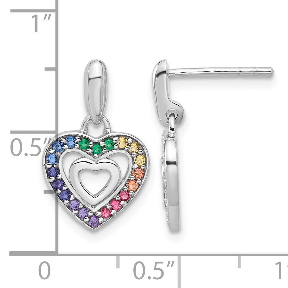 Sterling Silver Rhodium-plated Polished Multi-color Crystal Double Heart Children's Post Dangle Earrings