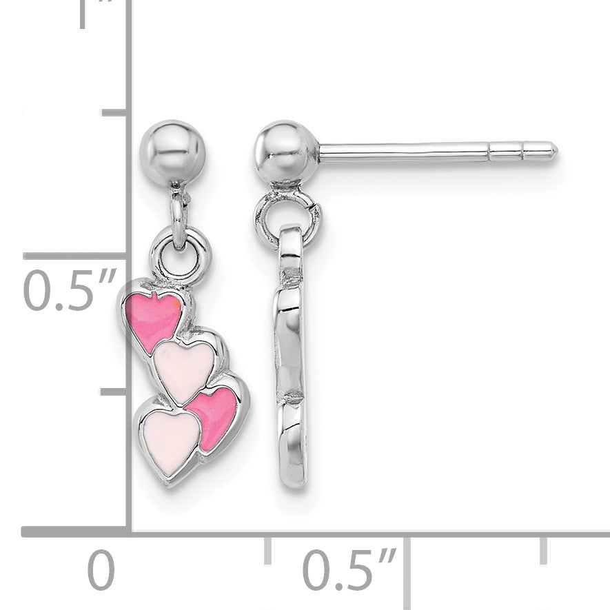 Sterling Silver Rhodium-plated Pink Enameled Hearts Children's Post Dangle Earrings