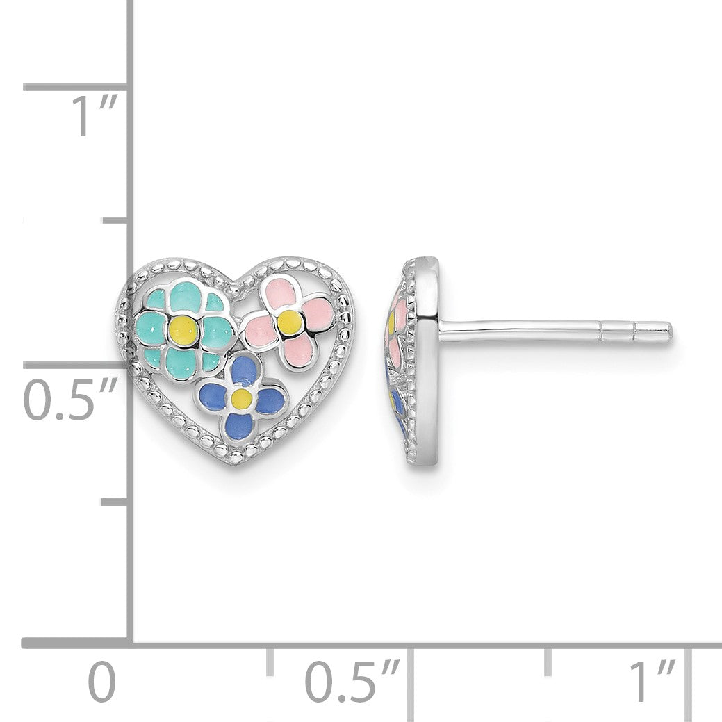 Sterling Silver Rhodium-plated Polished & Beaded Multi-color Enameled Floral Heart Children's Post Earrings