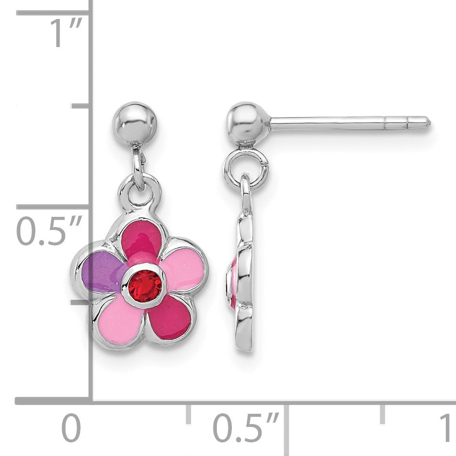 Sterling Silver Rhodium-plated Polished & Multi-color Enameled Red Crystal Flower Children's Post Dangle Earrings