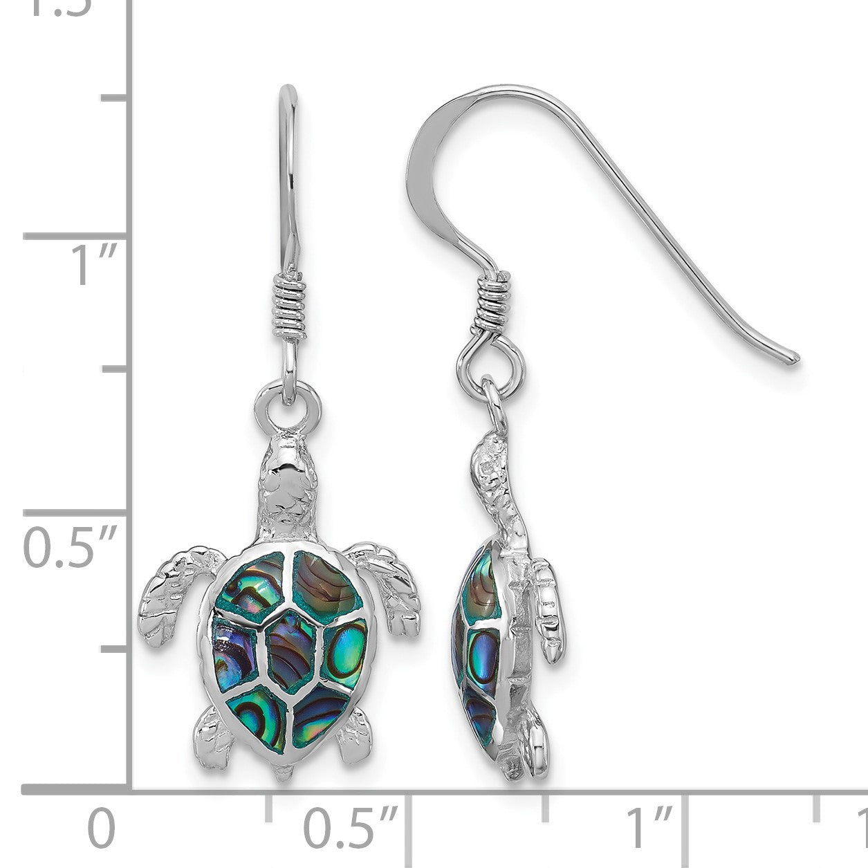 Sterling Silver Rh-plated Polished Paua Shell Turtle Dangle Earrings