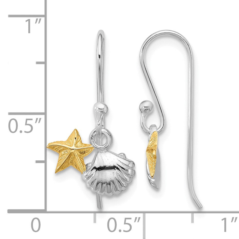Sterling Silver RH-plated Flash Gold-plated Starfish & Shell Dangle Earring