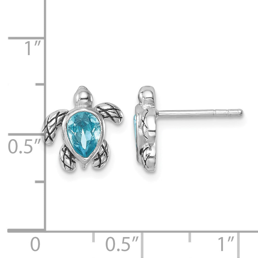 Sterling Silver Rhodium-plated Polished and Antiqued Blue Crystal March Turtle Post Earrings
