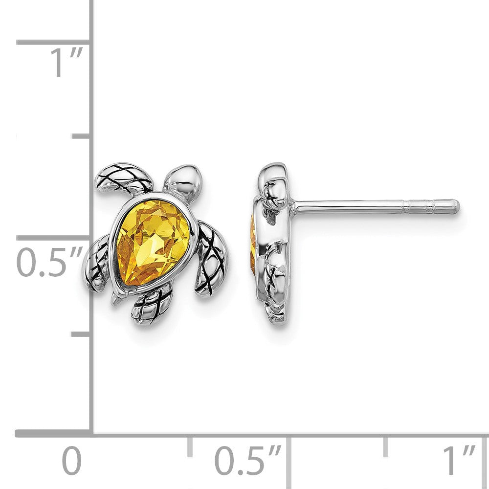 Sterling Silver Rhodium-plated Polished and Antiqued Yellow Crystal November Birthstone Turtle Earrings