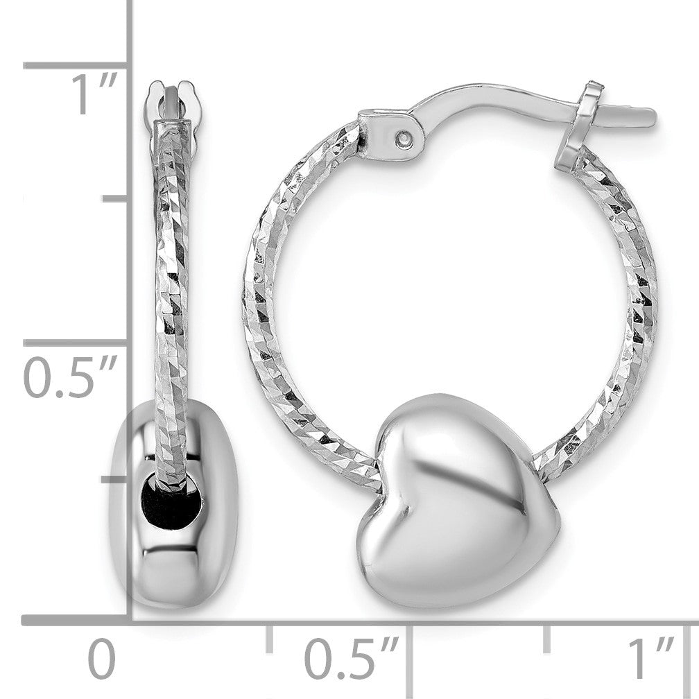 Sterling Silver Rhodium-plated Twisted Diamond-cut with Puffed Heart Bead Hoop Earrings
