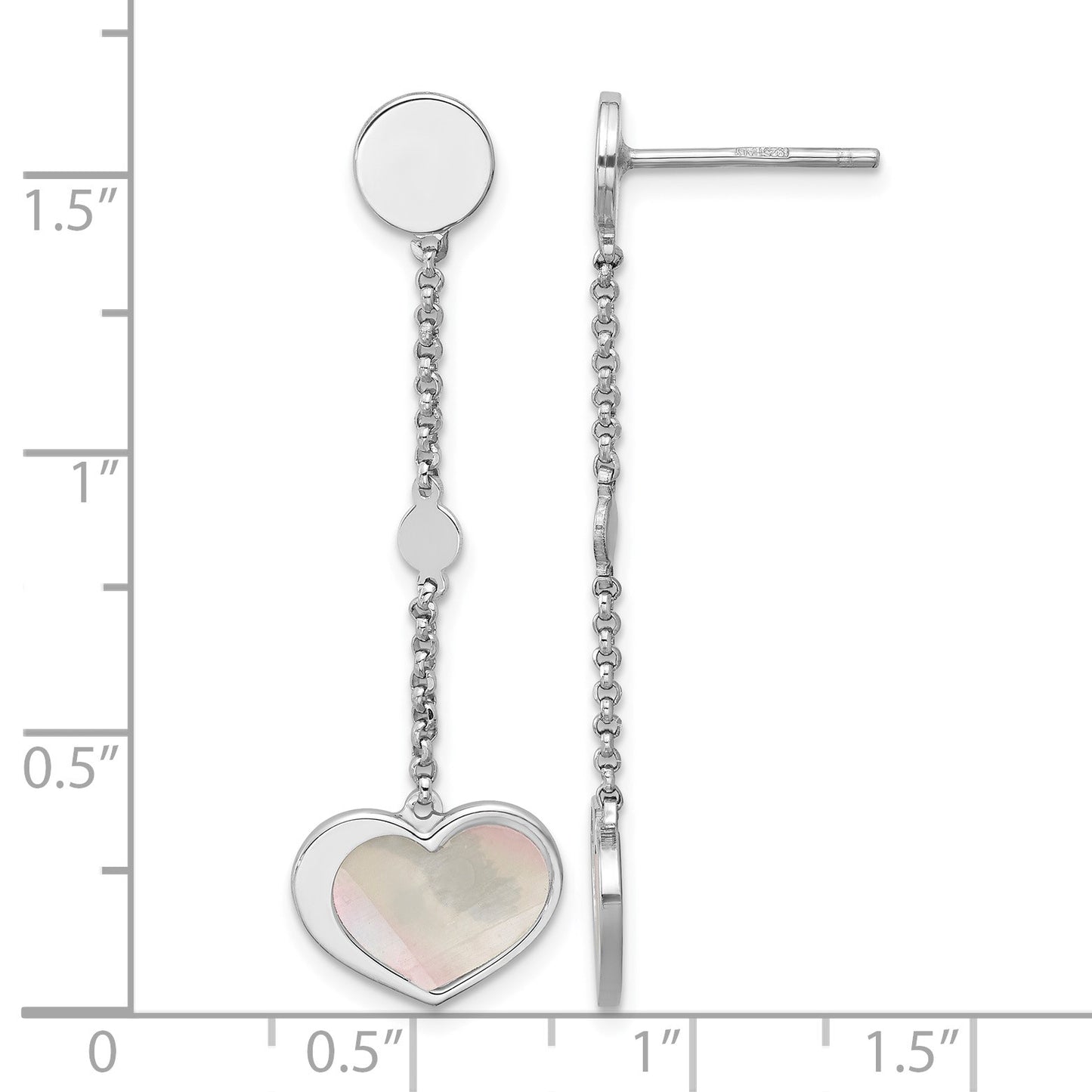 Sterling Silver Rhodium-plated Mother of Pearl Heart and Chain Post Dangle Earrings