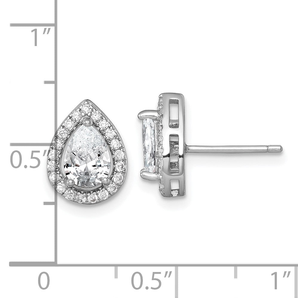 Sterling Silver Rhodium-plated Polished 11.0 x 9.0mm Pear CZ Halo Teardrop Post Earrings