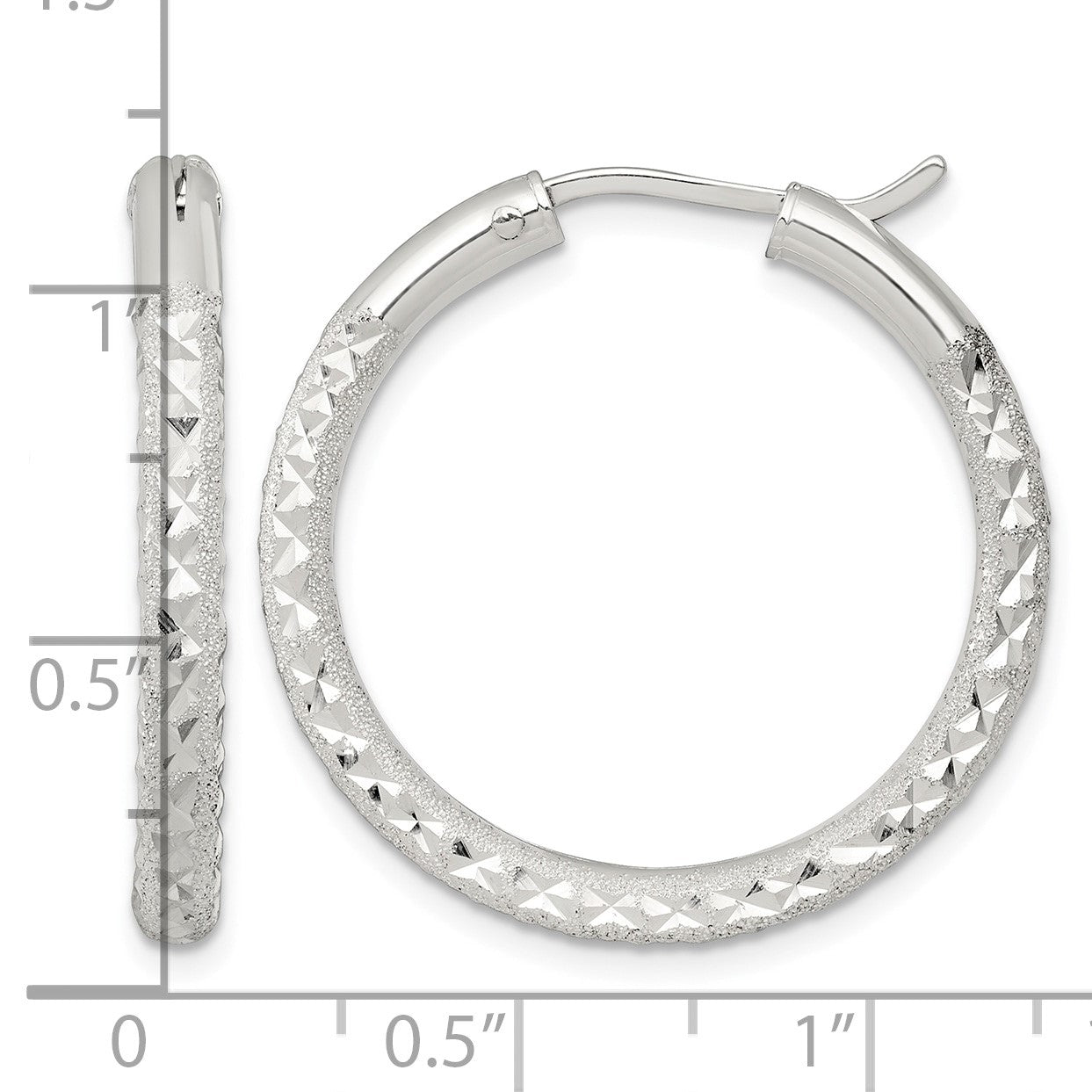 Sterling Silver Laser and Diamond-cut 30x3.25mm Hidden Catch Round Hoop Earrings