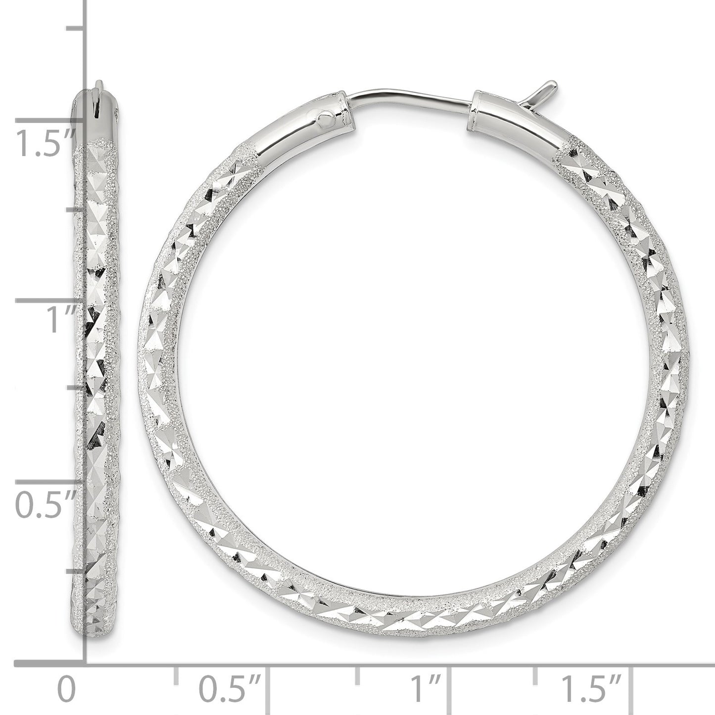 Sterling Silver Laser and Diamond-cut 40x3.25mm Hidden Catch Round Hoop Earrings
