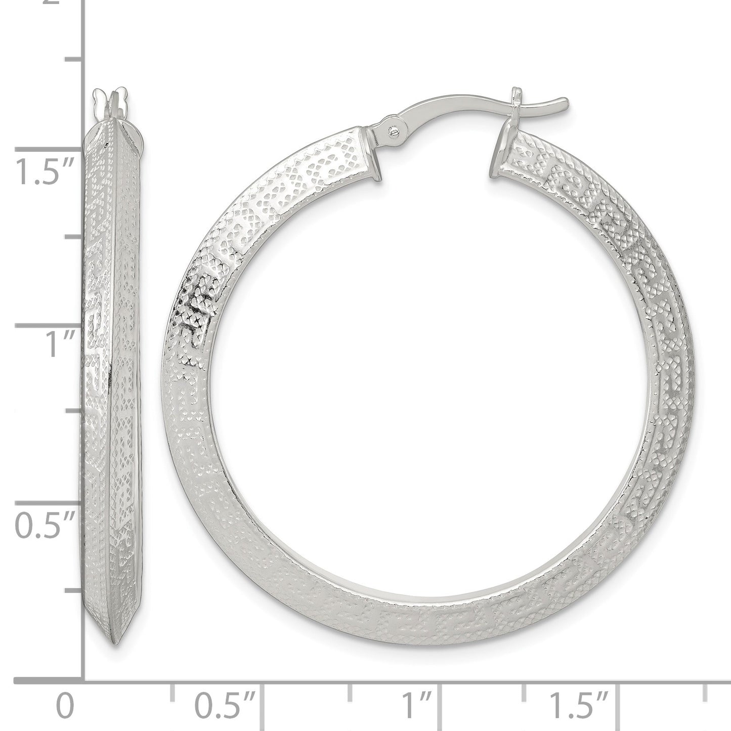 Sterling Silver Textured 40x4.0mm Knife Edge Greek Key Round Hoop Earrings