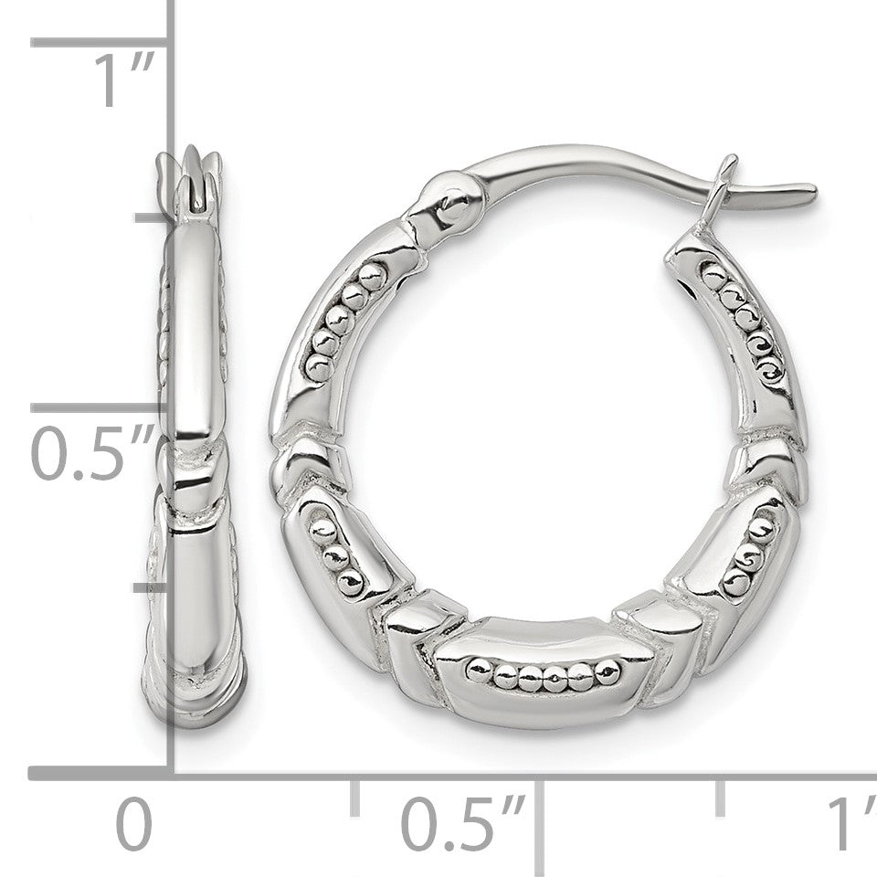 Sterling Silver Polished Beaded and Grooved Round Hollow Hoop Earrings
