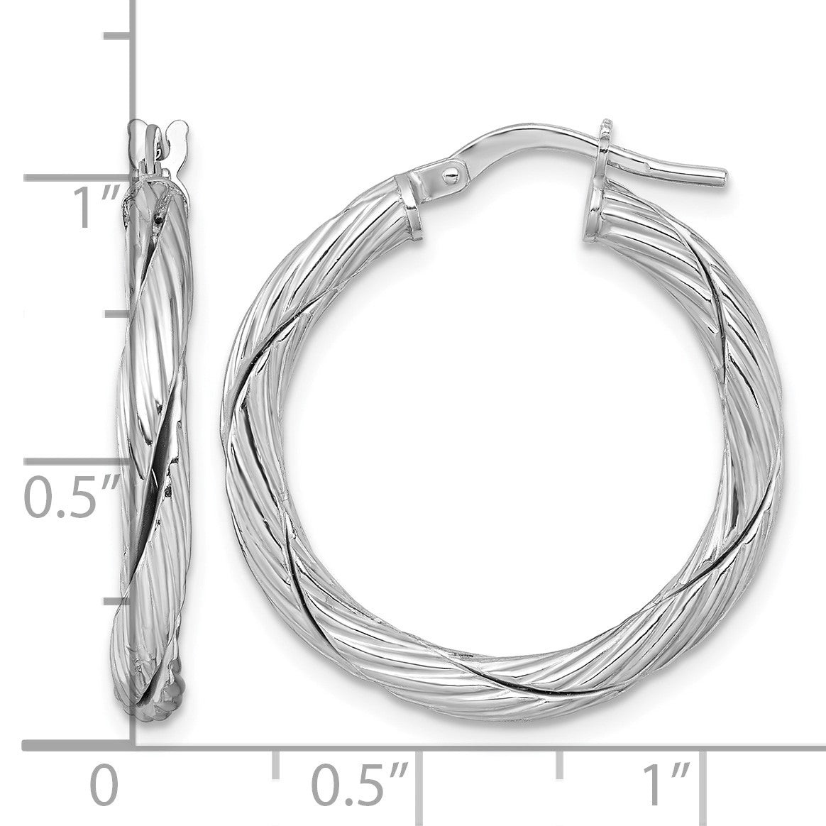 Sterling Silver Rhodium-plated Polished Textured and Twisted 3.00 x 25mm Round Hoop Earrings