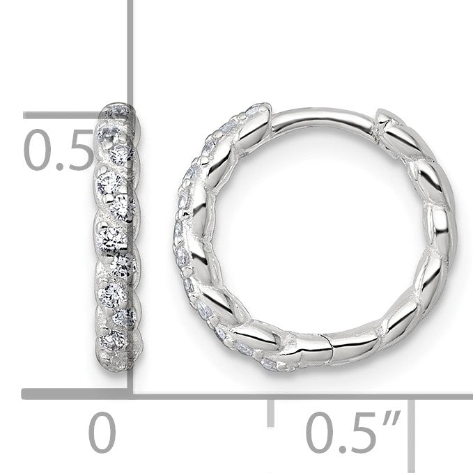 Sterling Silver Polished and Twisted 2.2mm x 12mm CZ Hinged Round Hoop Earrings