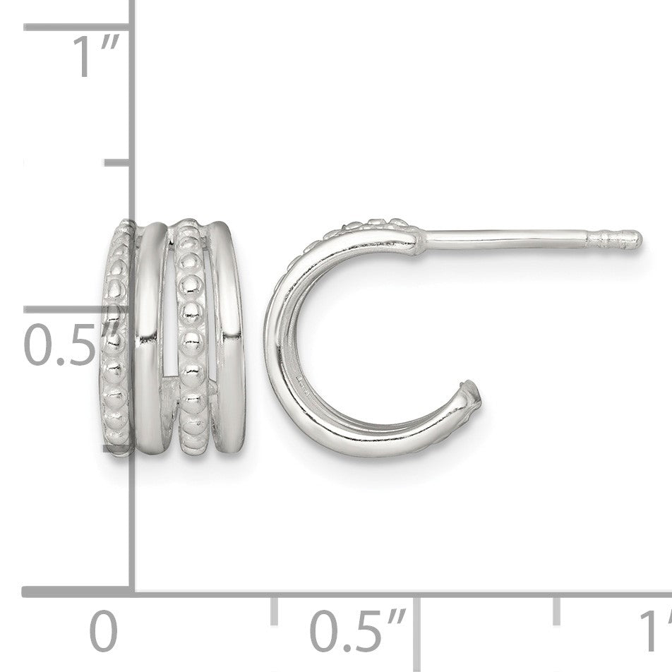 Sterling Silver Polished and Beaded 4-Row C-Hoop Post Earrings