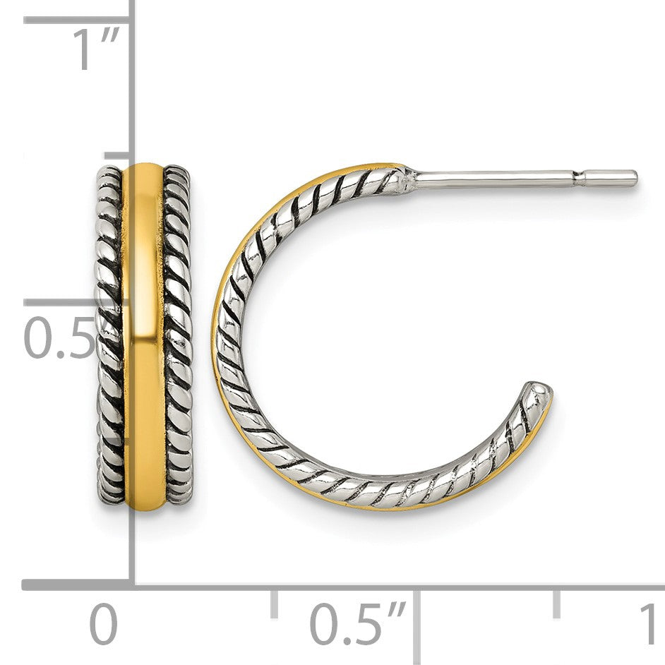 Sterling Silver and Gold-tone Antiqued Textured Post C-Hoop Earrings