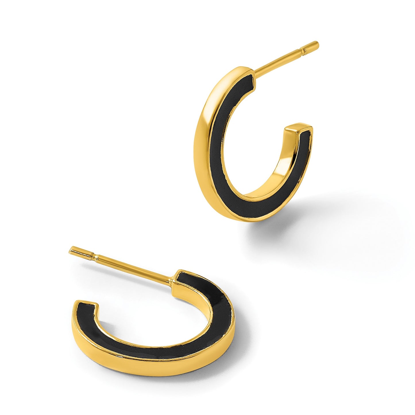 Sterling Silver Gold-tone Polished Black Enamel 15x2mm Post C-Hoop Earrings