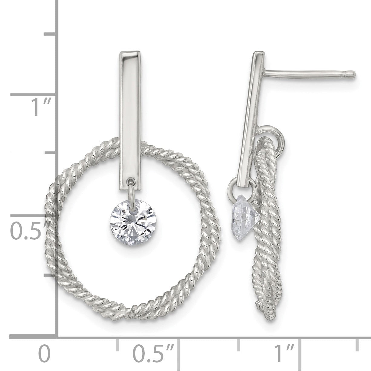 Sterling Silver Polished Twisted Circle with Moveable White CZ Dangle Post Earrings