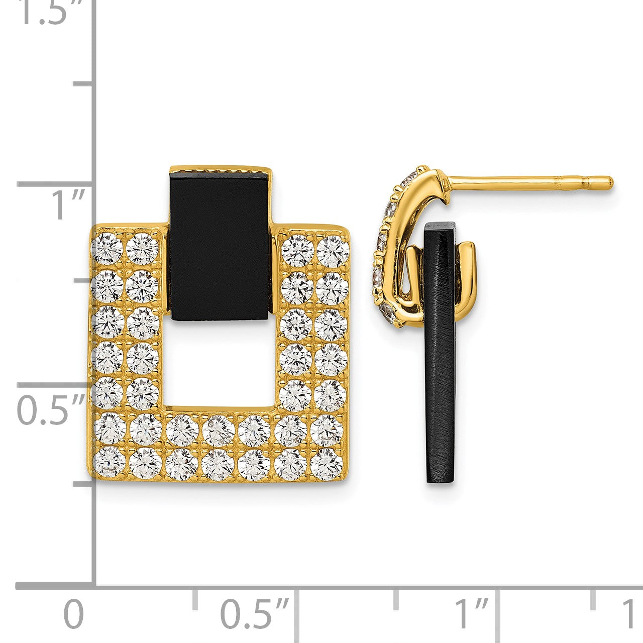 Sterling Silver Gold-tone Polished CZ and Black Agate Square Dangle Mis-Matched Post Earrings