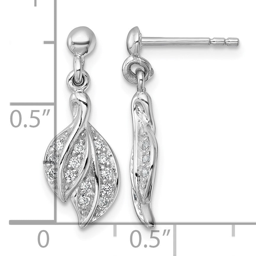 Sterling Silver Rhodium-plated Polished CZ Leaf Dangle Post Earrings
