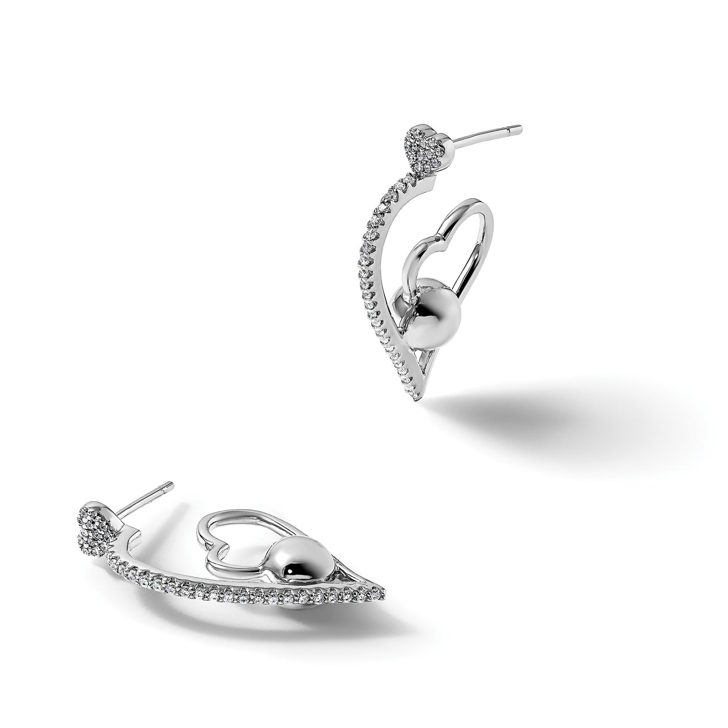 Sterling Silver Rhodium-plated CZ Polished Heart and Bead Post Earrings