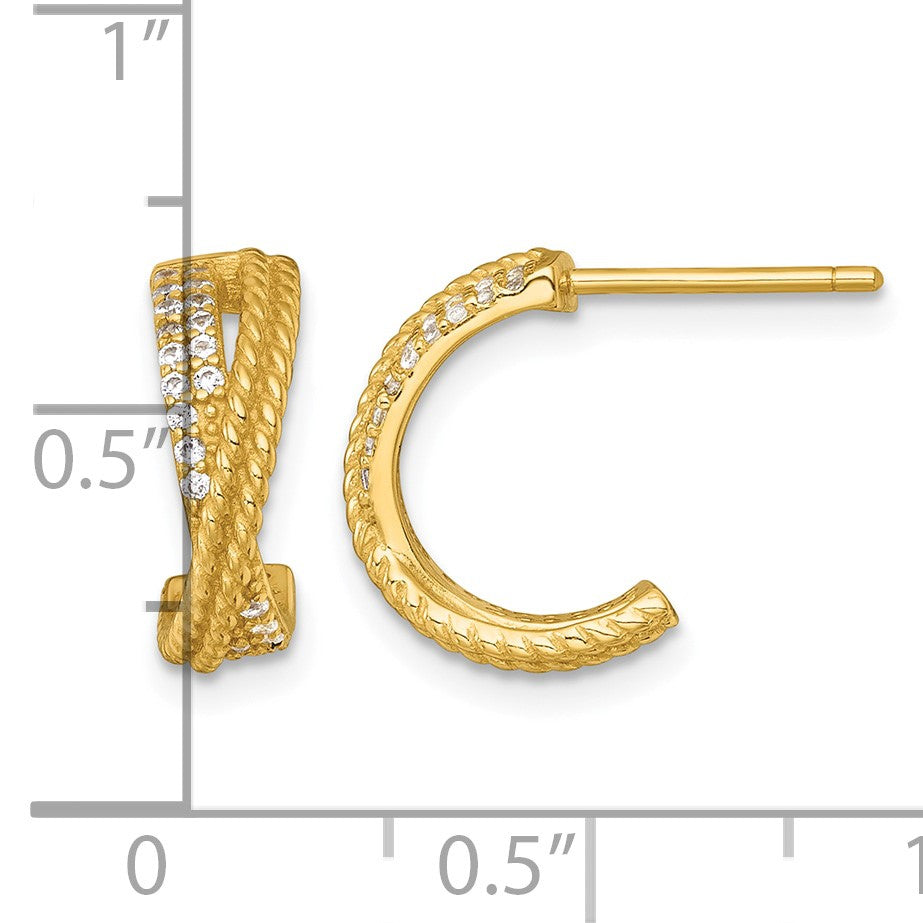 Sterling Silver Gold-Tone Polished and Twisted CZ -X- C-Hoop Post Earrings