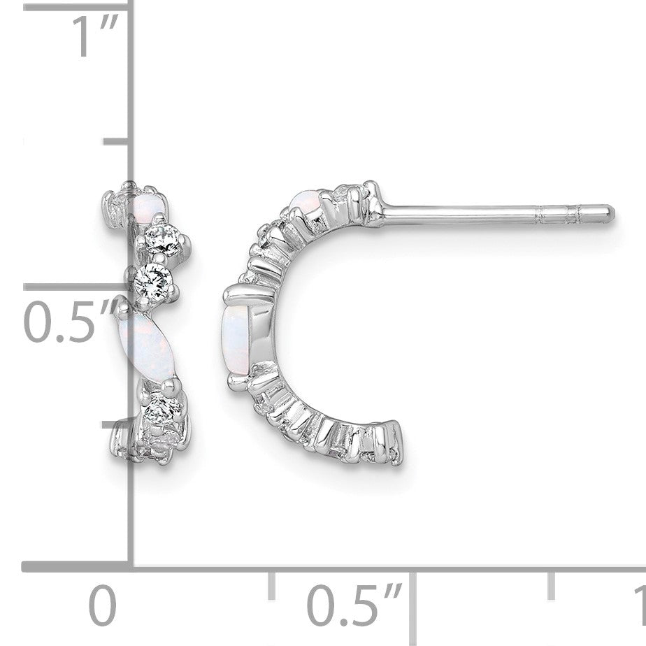 Sterling Silver Rhodium-plated Polished CZ and Lab Created Opal Post C-Hoop Earrings