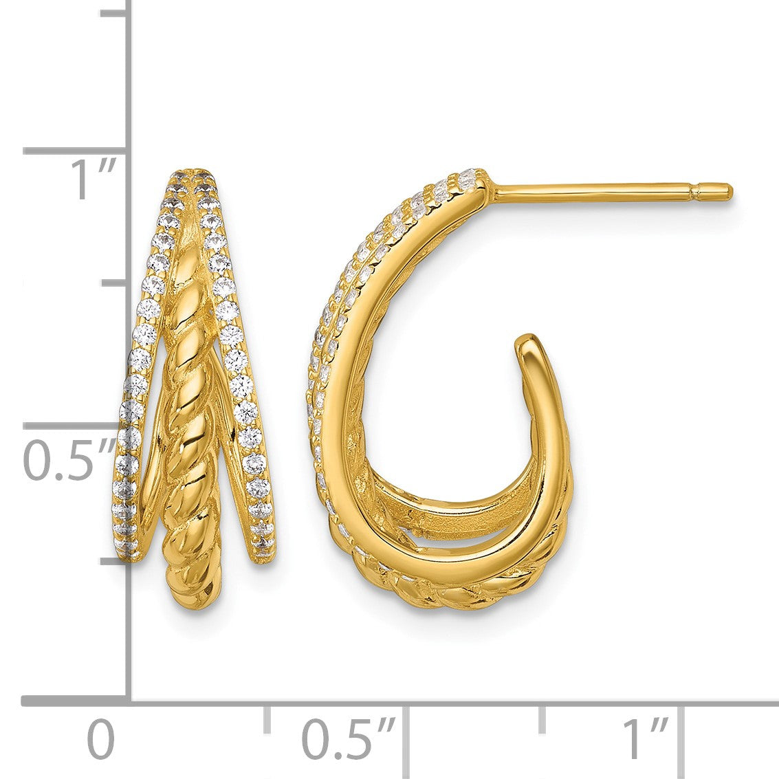 Sterling Silver Gold-tone Polished and Twisted CZ Triple J-Hoop Post Earrings