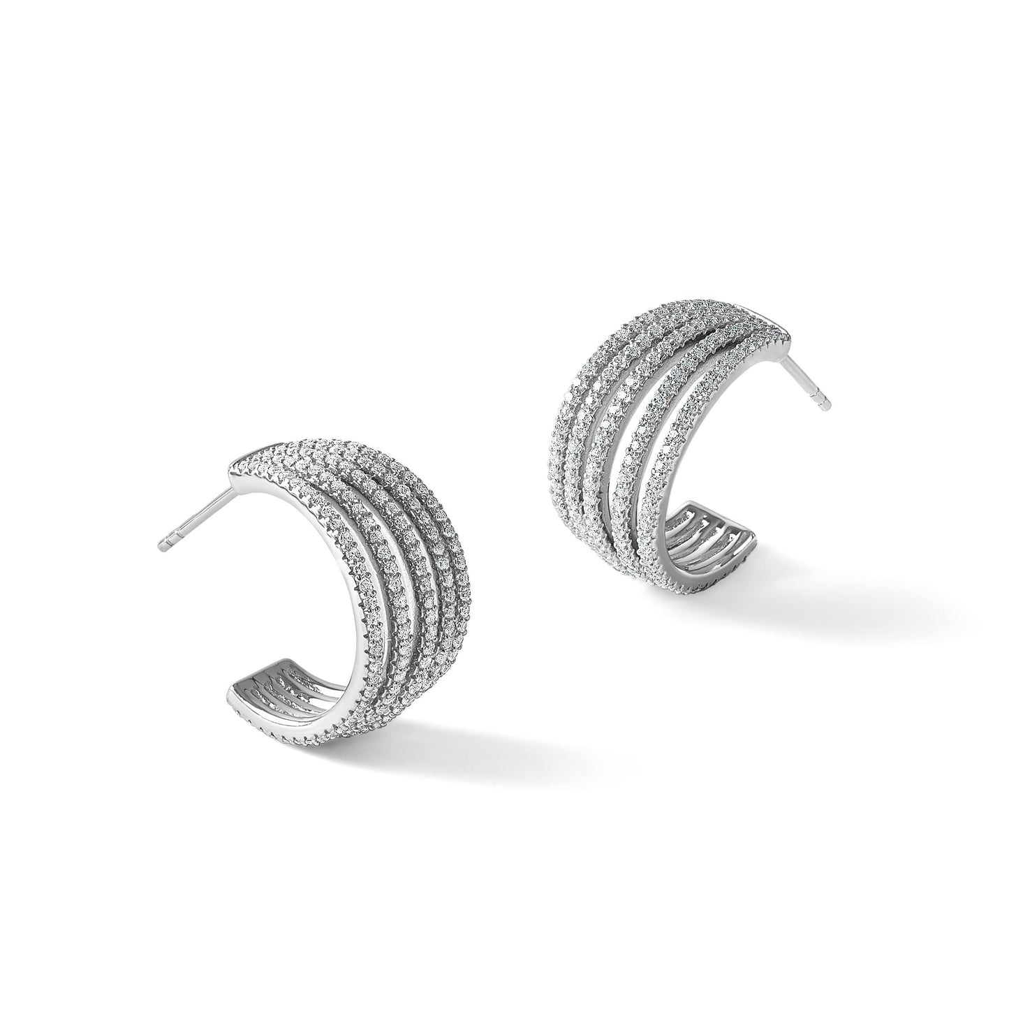 Sterling Silver Rhodium-plated Polished CZ Multi-Row J-Hoop Post Earrings