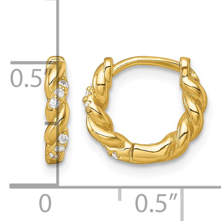 Sterling Silver Gold-tone Polished and Twisted CZ Round Hinged Hoop Earrings