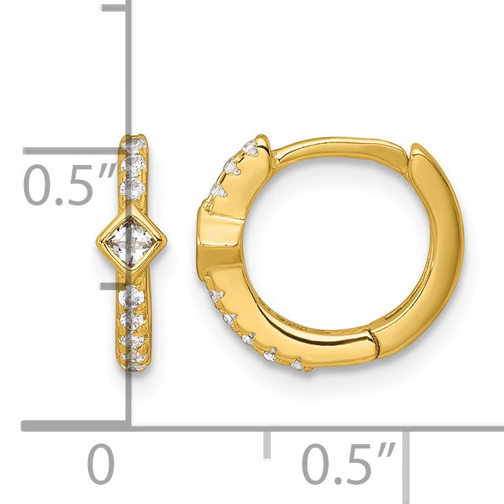 Sterling Silver Gold-tone Polished Round and Square CZ Round Hinged Hoop Earrings