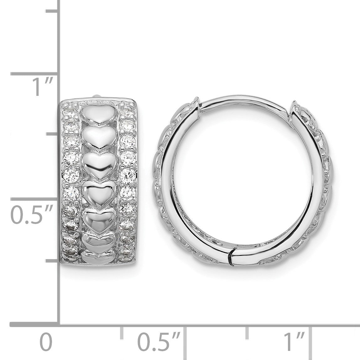 Sterling Silver Rhodium-plated CZ Polished Hearts Hinged Hoop Earrings