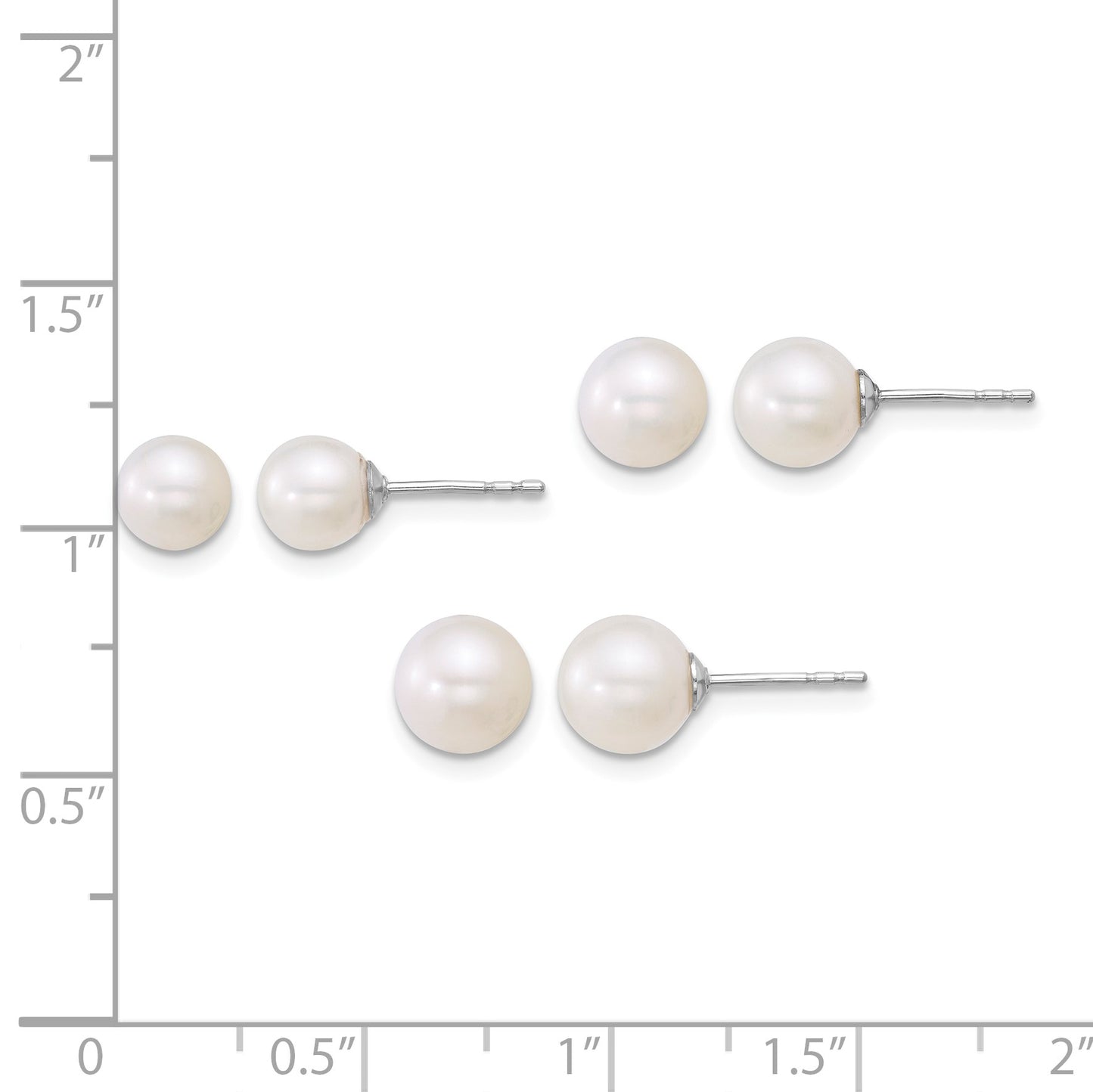 Sterling Silver Rhodium-plated 5-6mm/6-7mm/7-8mm Round White Freshwater Cultured Pearl Post Earring Set