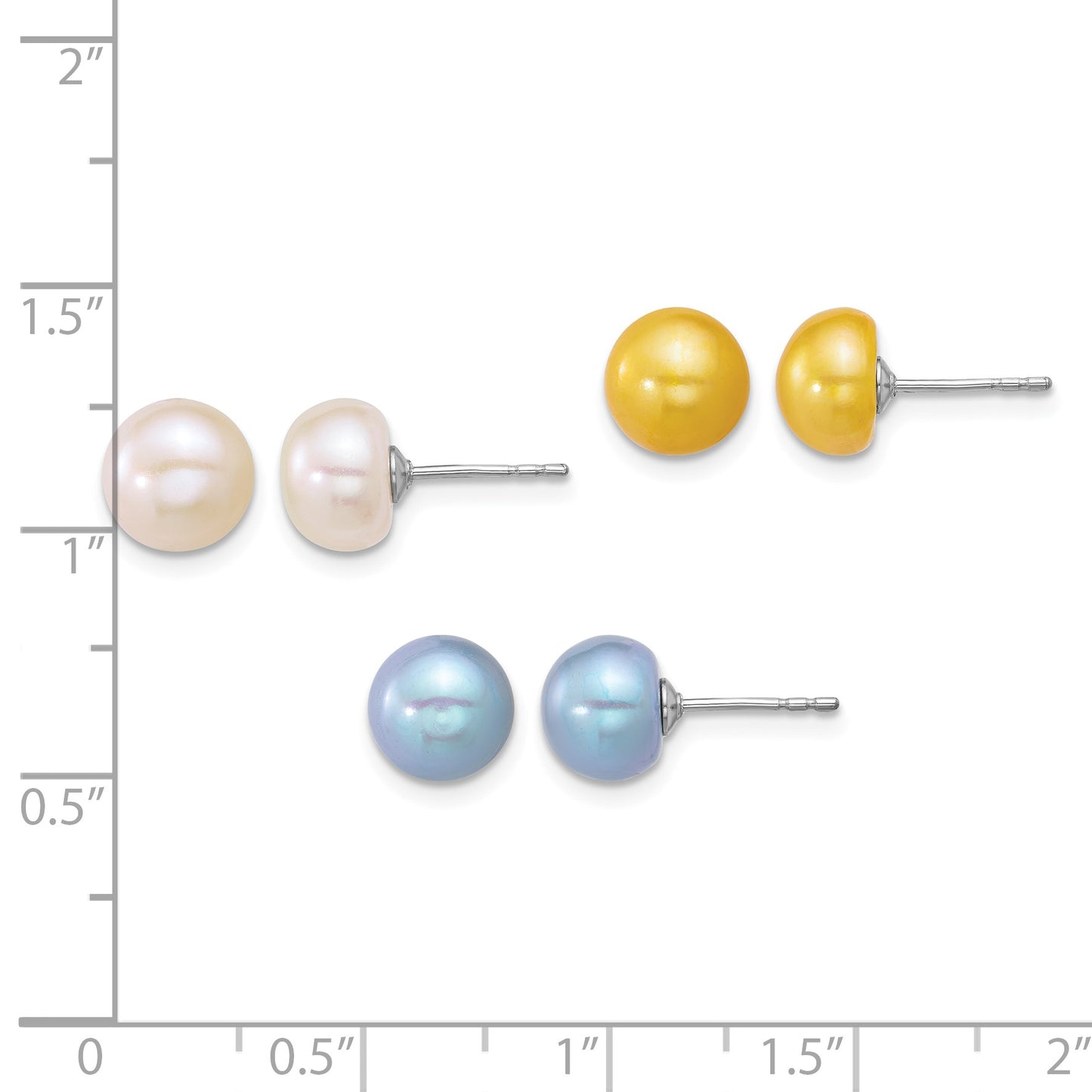 Sterling Silver Rhodium-plated 7-8mm Button White/Yellow/Blue Freshwater Cultured Pearl 3-Pair Boxed Post Earring Set
