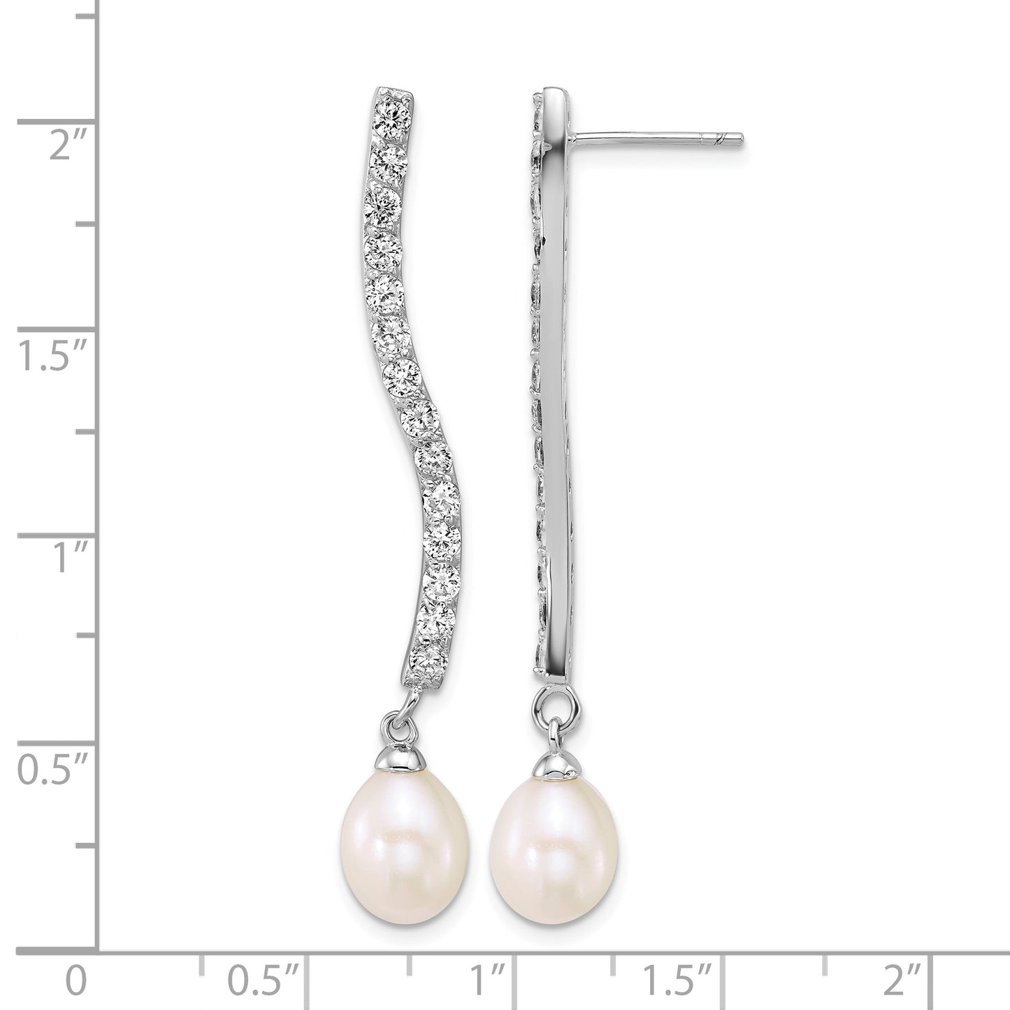 Sterling Silver Rhodium-plated 7-8mm Teardrop White Freshwater Cultured Pearl and CZ Dangle Post Earrings