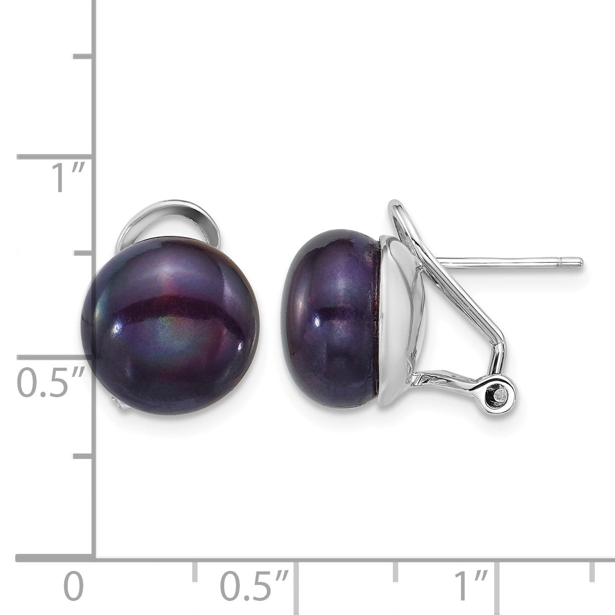 Sterling Silver Rhodium-plated 11-12mm Button Black Freshwater Cultured Pearl Omega Back Earrings