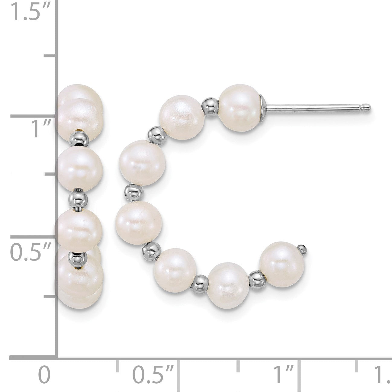 Sterling Silver Rhodium-plated 4-5mm Round White Freshwater Cultured Pearl and Bead C-Hoop Post Earrings