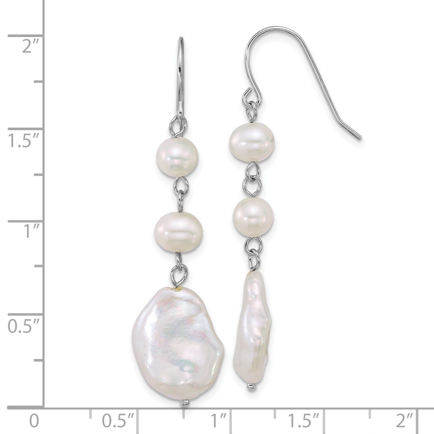 Sterling Silver Rhodium-plated 6-7mm Round and 11-12mm Keshi White Freshwater Cultured Pearl Dangle Shepherd Hook Earrings